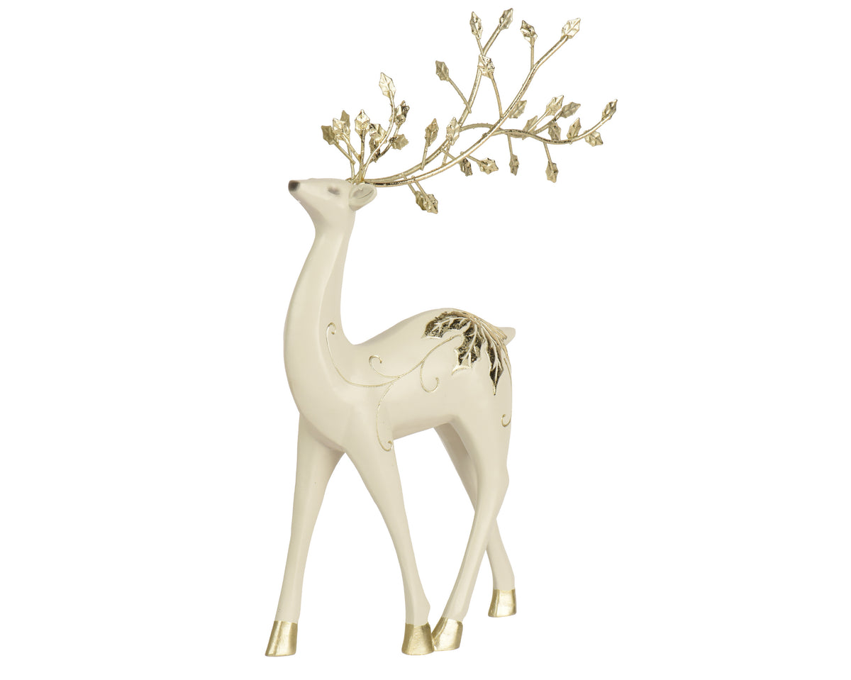 White & Gold Polyresin Standing Reindeer Figure 35cm
