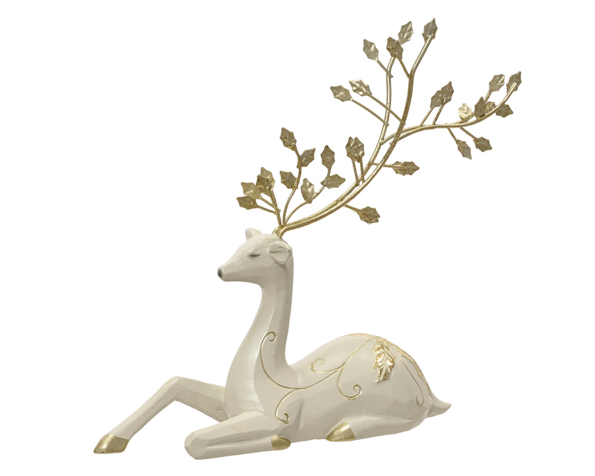 White & Gold Polyresin Laying Reindeer Figure 25cm