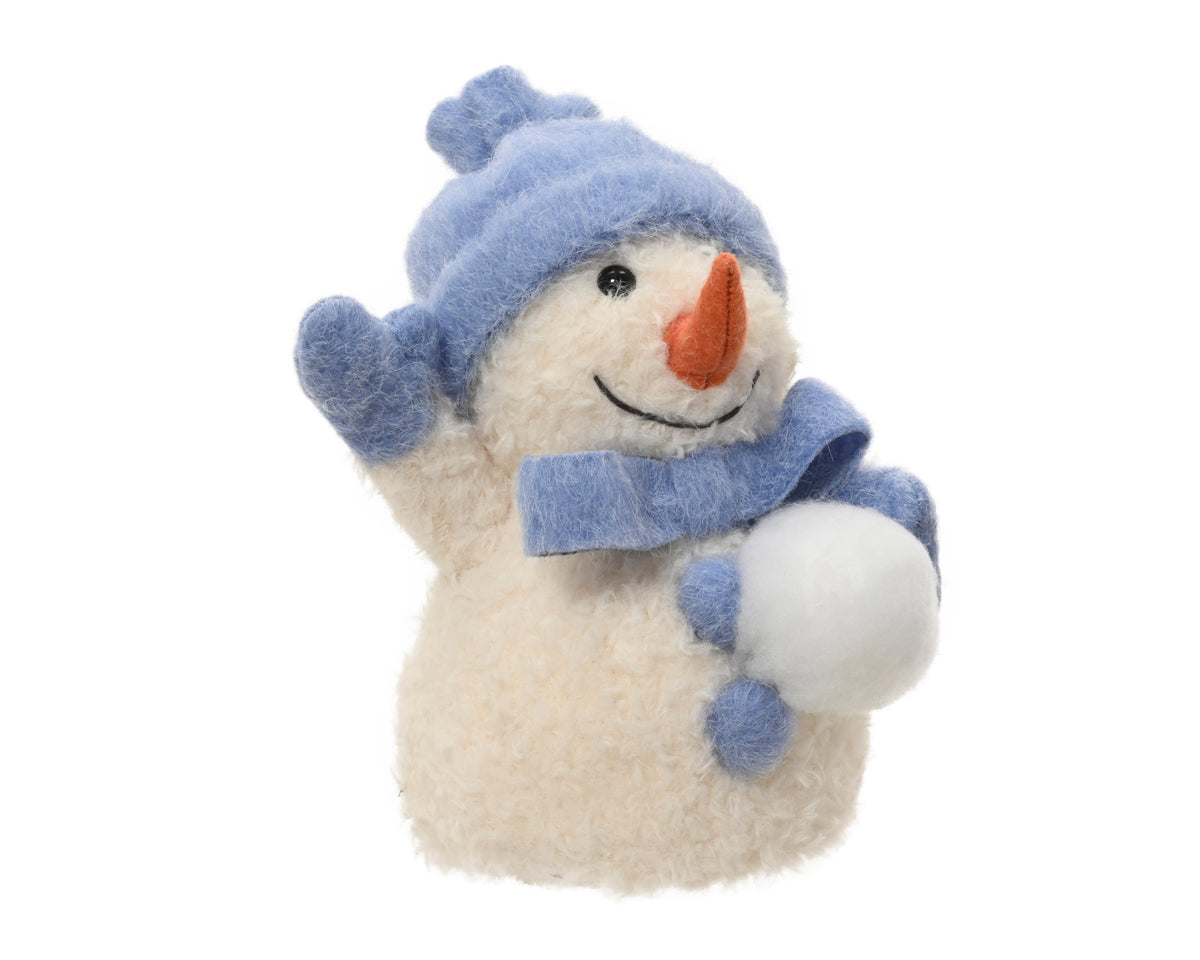Fluffy Snowman with Snowball in Blue Hat & Scarf Ornament 22cm