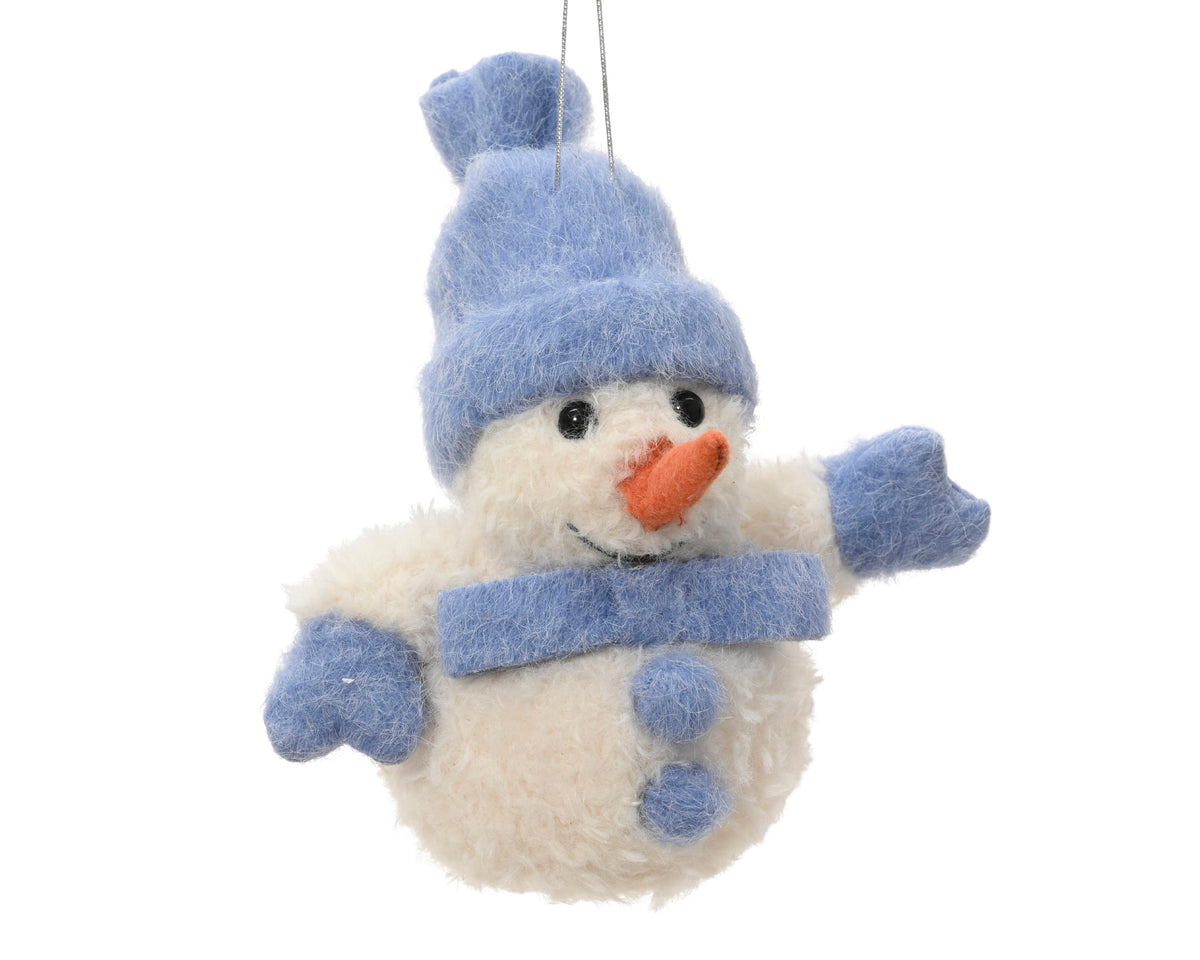 12cm Hanging Fluffy Snowman Christmas Tree Decoration in Blue Hat & Scarf