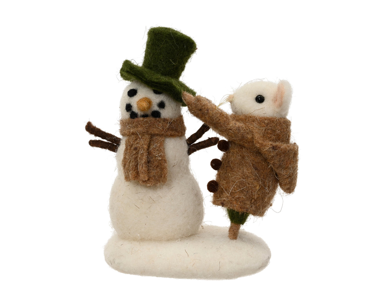 Wool Mouse Building a Snowman Ornament 14cm