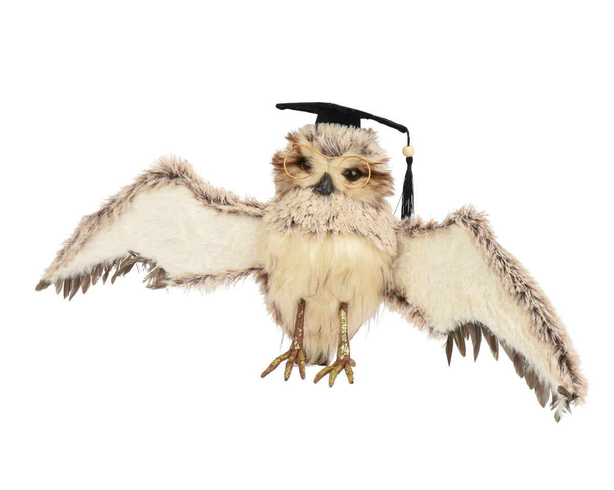Grey Graduating Professor Flying Owl with Artificial Feathers 27cm