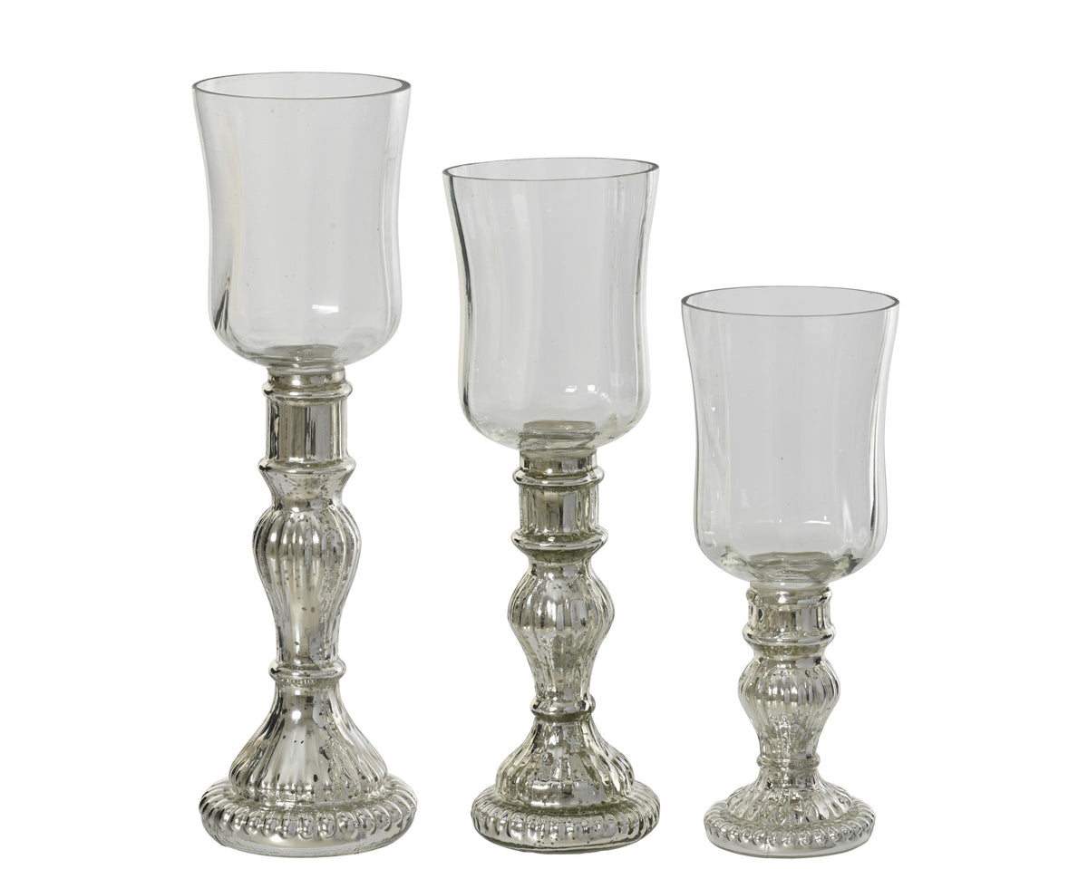 Set of 3 Glass Tealight Holders with Silver Stem - 31cm