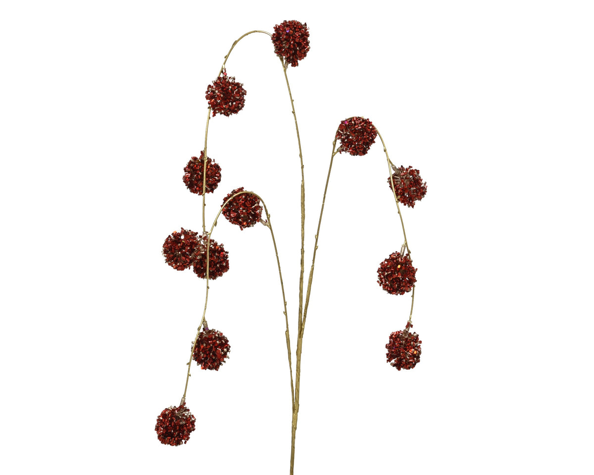 Red Drooping Tinsel Ball Spray 90cm