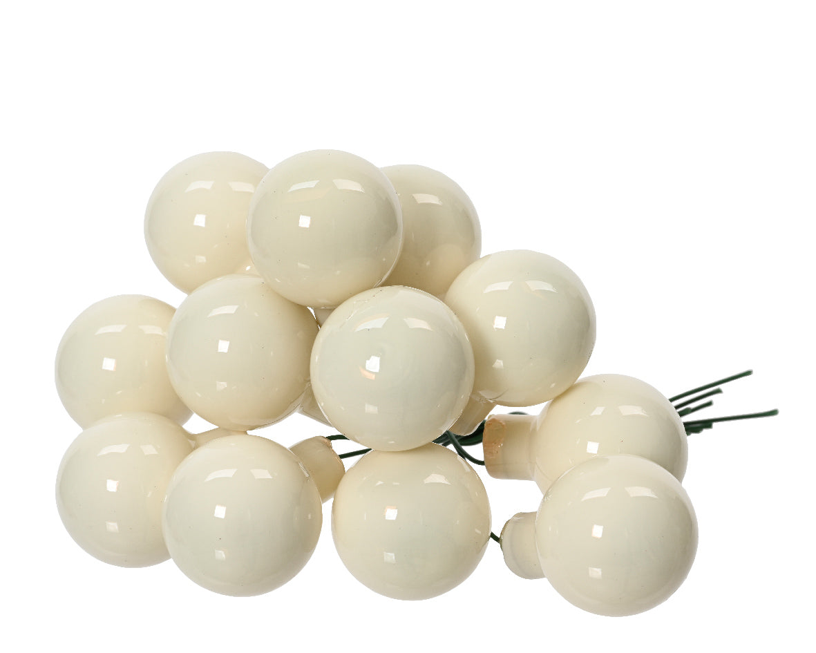 Wool White Mini Glass Baubles on a Wire - Bunch of 10 (2.5cm) - Shiny Finish
