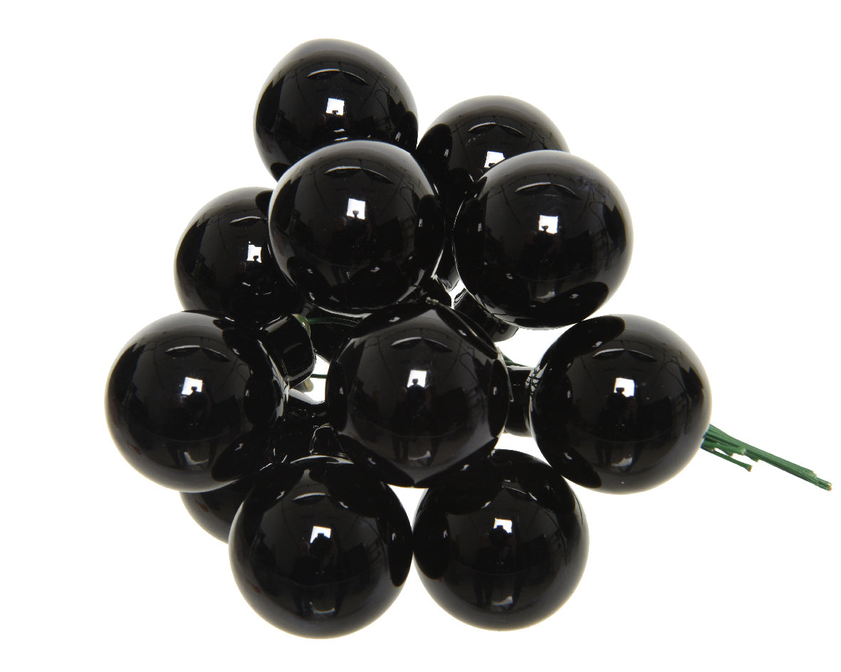 Black Mini Glass Baubles on a Wire - Bunch of 10 (2cm) - Shiny Finish