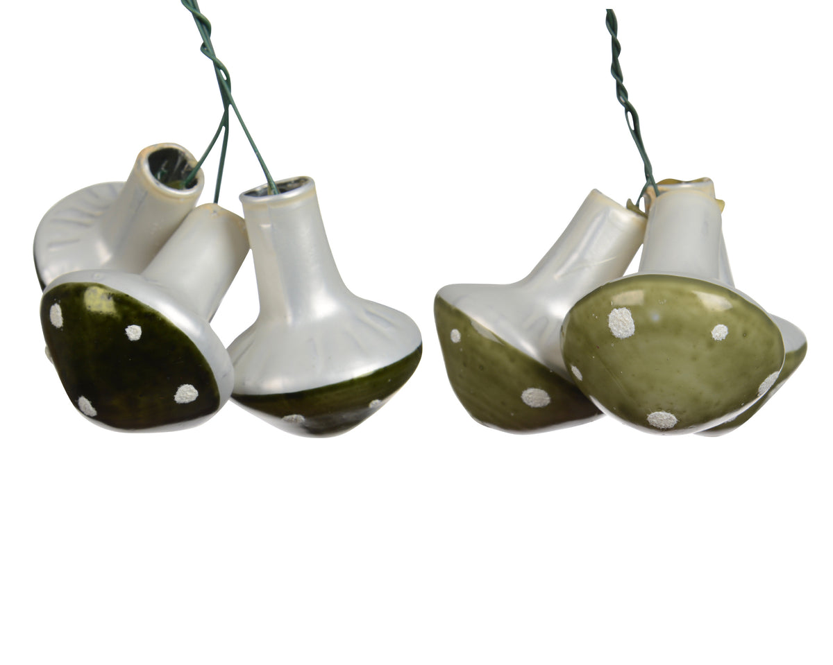 Green or Dark Green Glass Mushrooms with White Dots on Wire 4.1cm