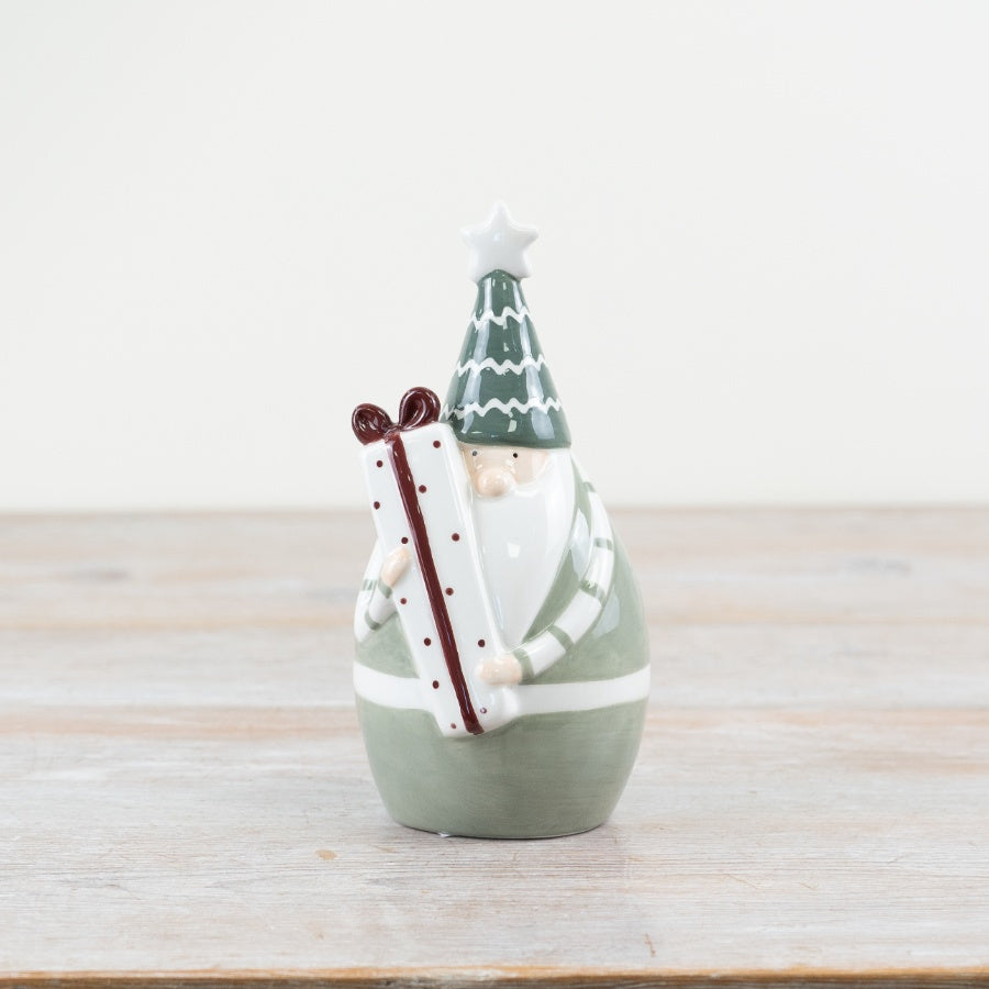 Green Santa Holding Present Ornament - 17cm