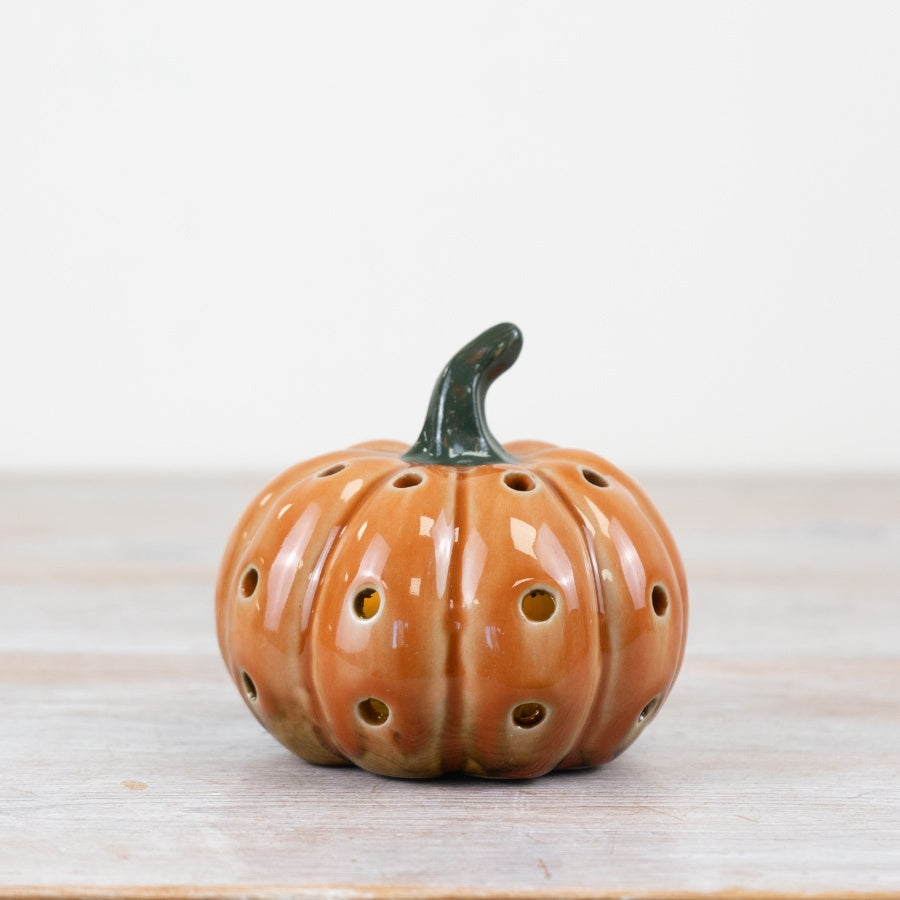 Light Up LED Pumpkin Ceramic Ornament 10cm