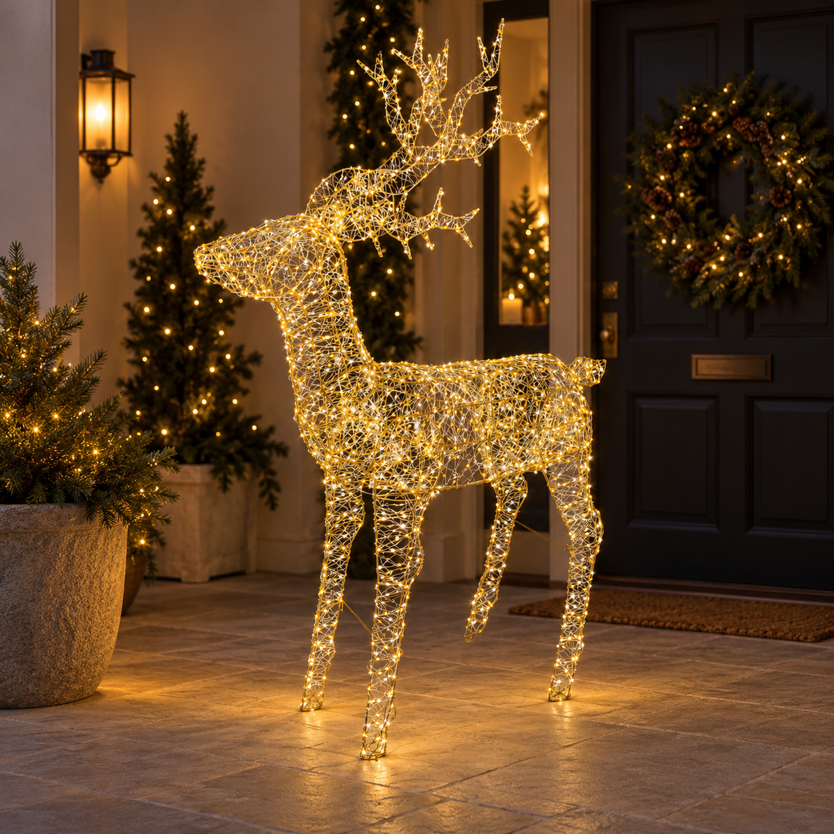 Lumineo Large 162cm Gold, Warm & Classic White Light Up Outdoor Gold Wire Reindeer Stag with 1500 LEDs