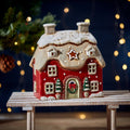 Xmas Cottage Tealight Holder Red Embossed Stoneware
