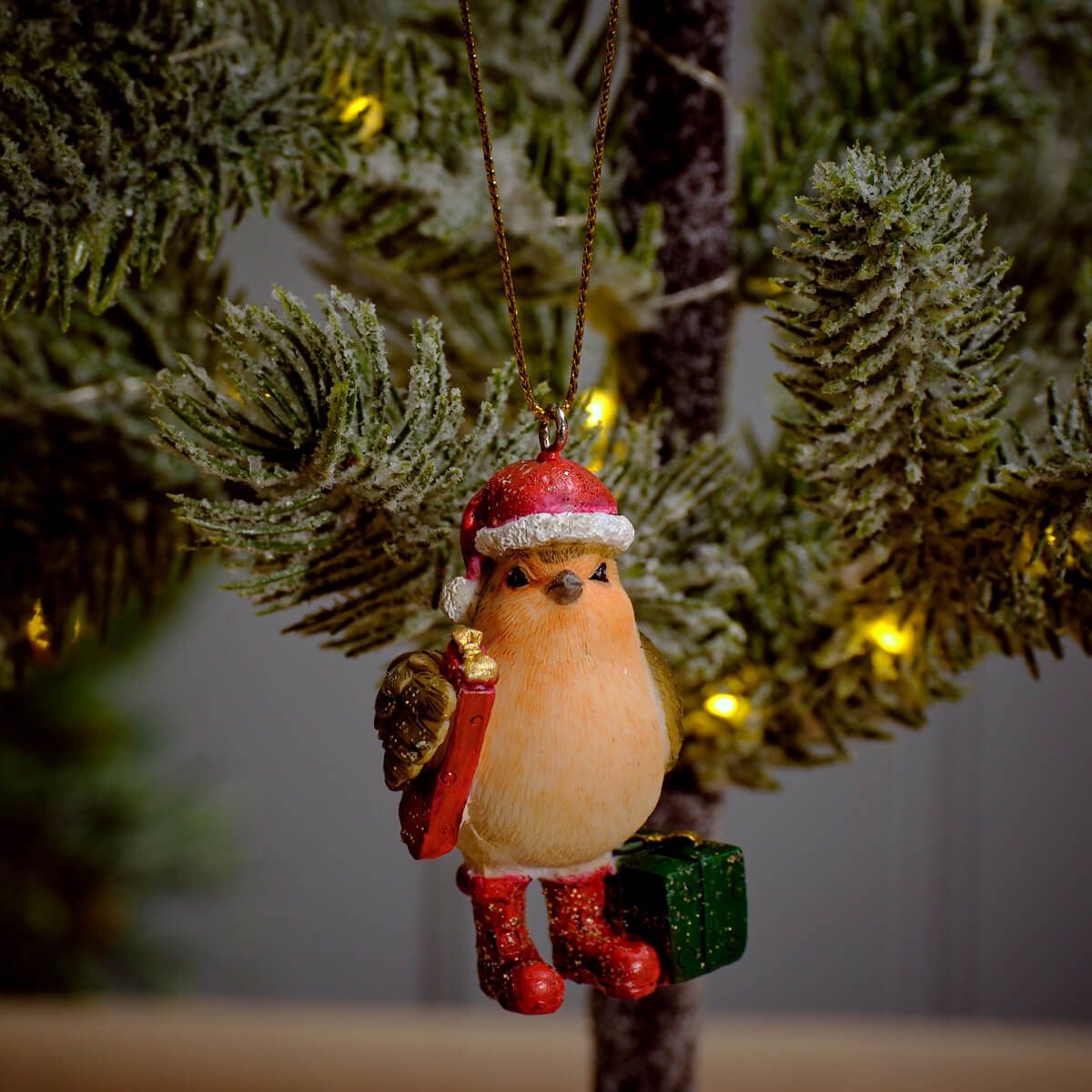 Festive Robin Resin Bauble Hanger With Parcels Dusting Of Glitter
