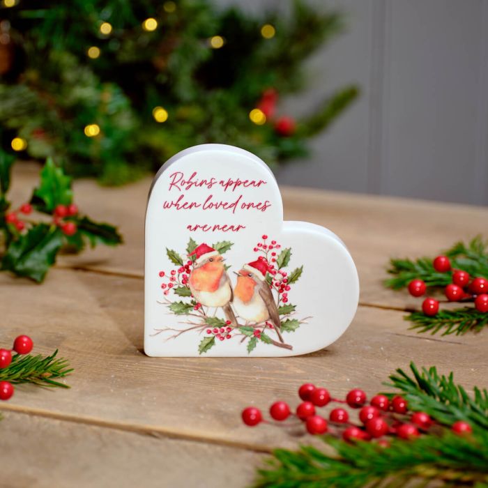 Robins Appear When Loved Ones Are Near Raised Design Ceramic Heart Block