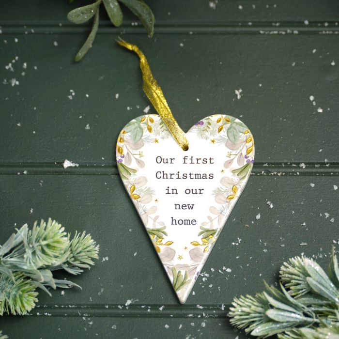 With Love At Christmas In Our First Home Raised Design With Gold Ceramic Heart Hanger