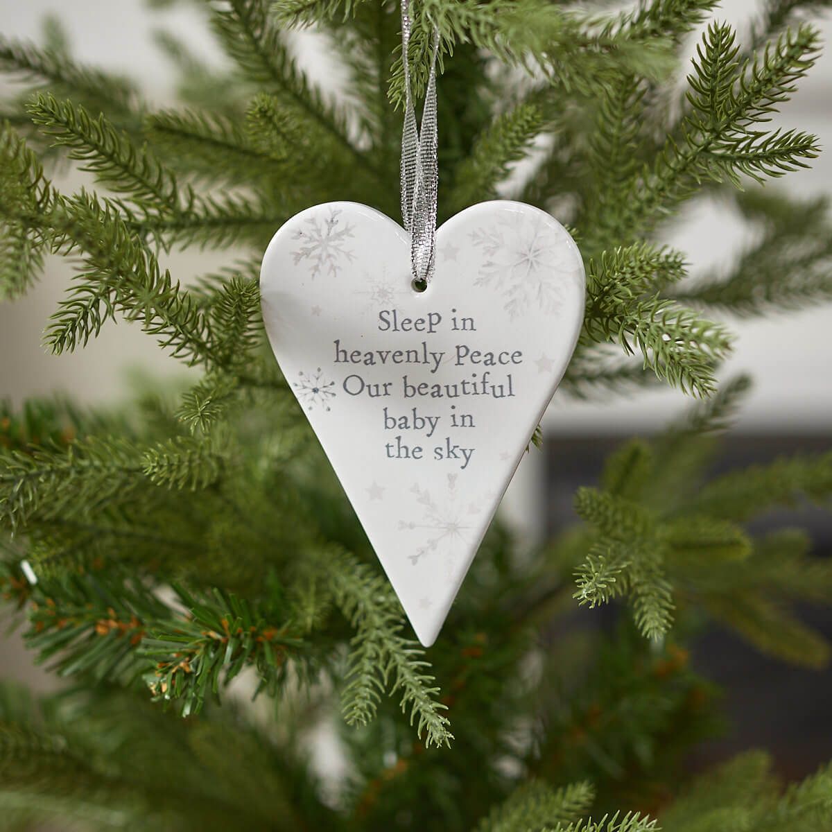 Sleep in heavenly peace our baby in the sky - Memory Heart White Ceramic Christmas Bauble