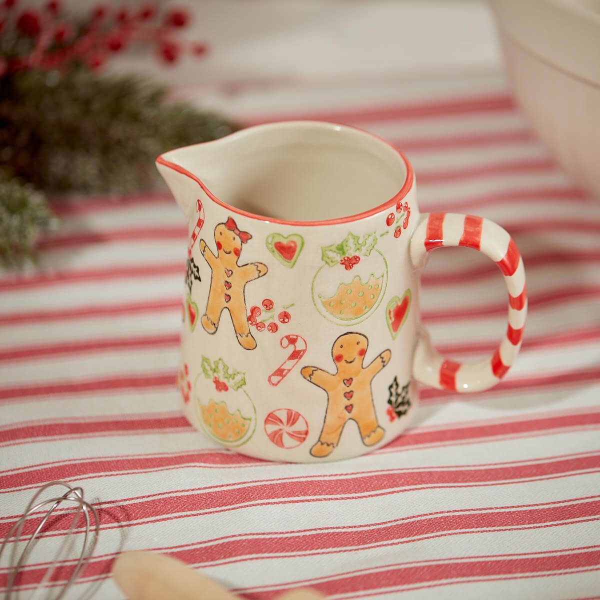 Christmas Gingerbread Jug White Stoneware with Candy Cane Striped Handle
