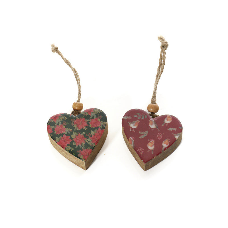 Poinsettia or Robin Mango Wood Enamel Finish Heart Hanging Decoration