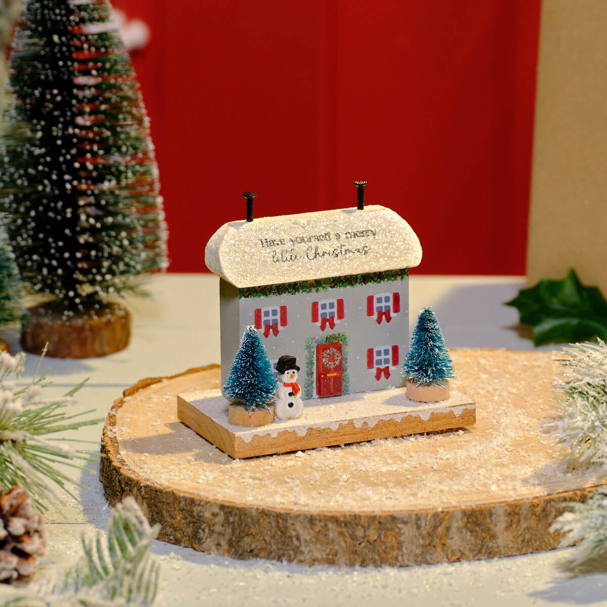 Christmas Cottage Have Yourself A Merry Christmas Wood House Block With Snowman And Trees