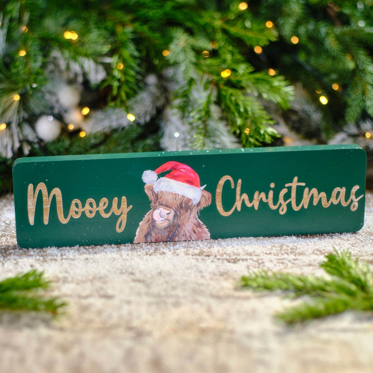 Frosted Highland Cow Mooey Christmas Wooden Engraved Plaque