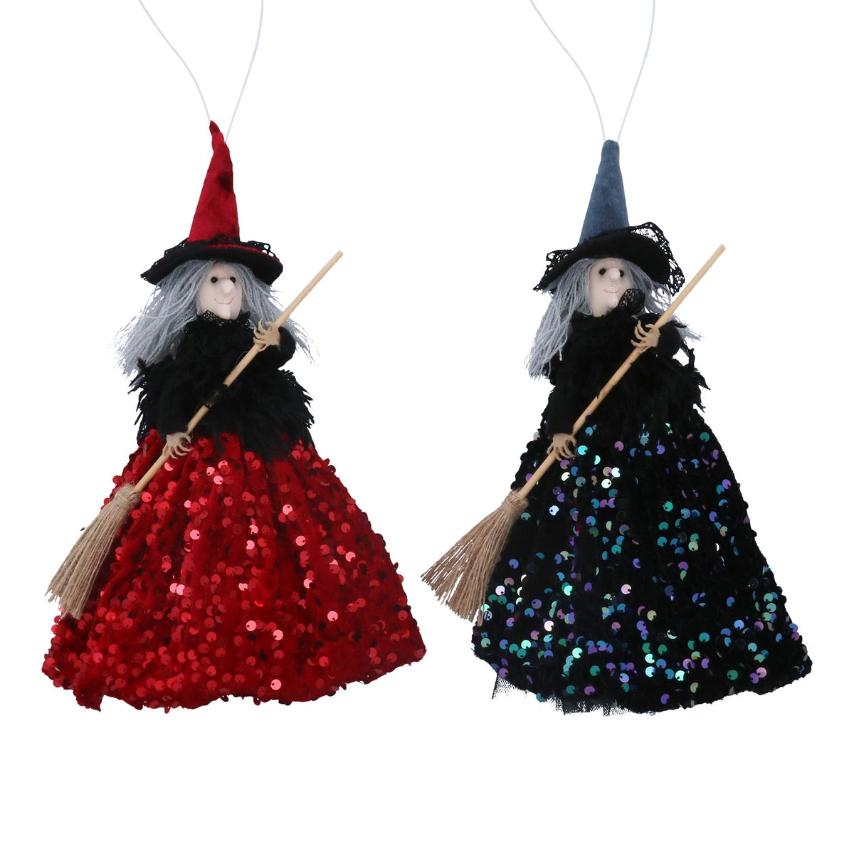Gisela Graham Sequin Red or Blue Hanging Witch with Broom - 30cm