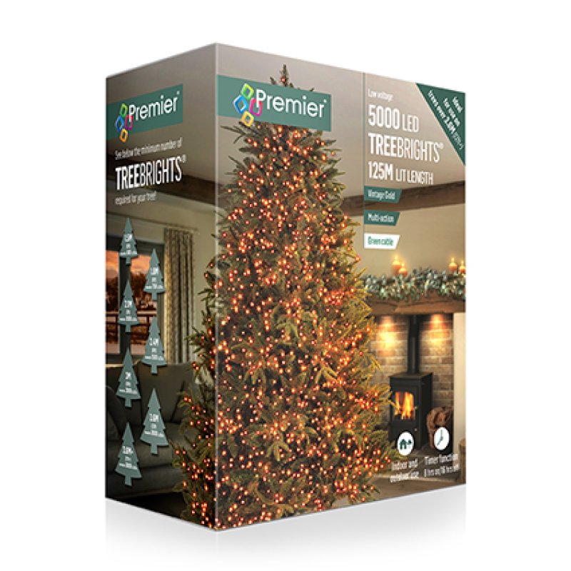 Premier Vintage Gold Multi Action LED Tree Brights Timer Christmas Tree Lights Green Cable