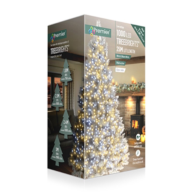 Premier Warm White & Cool White 1000 Multi Action LED Tree Brights Timer Christmas Tree Lights with Clear Cable