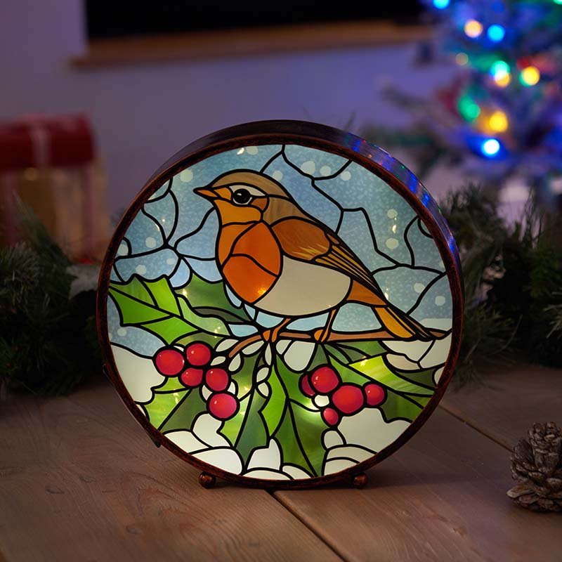 Christmas PanelArt Festive Robin Round Stain Glass Effect Light Up Decoration