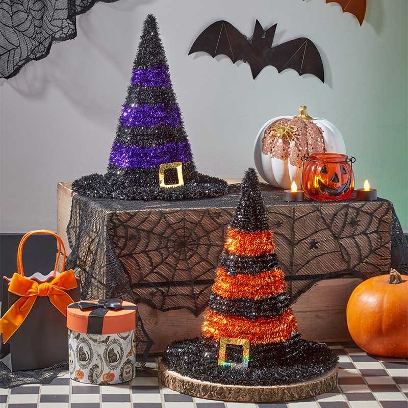 Purple or Orange Tinsel Witch's Hat Decoration