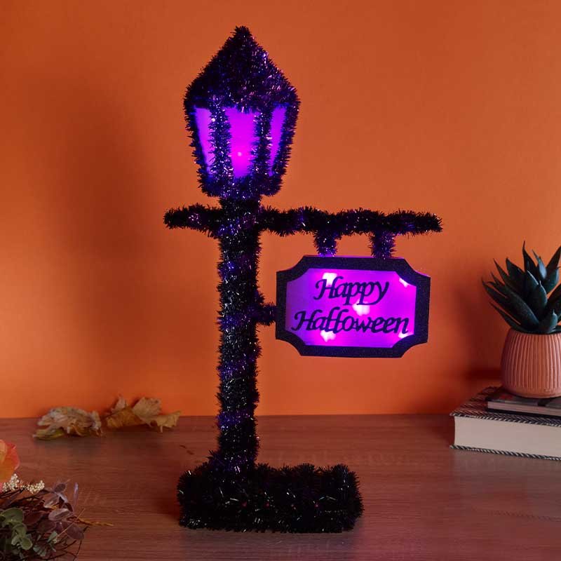 Happy Halloween Orange or Purple Glowing Light Up Lamppost - 44cm