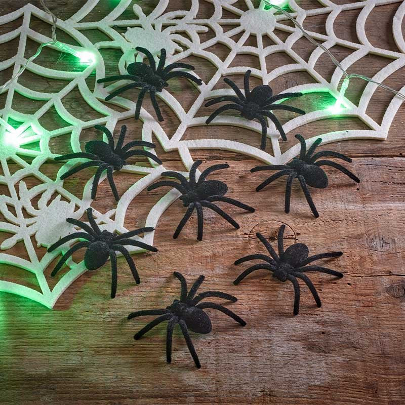8 Black Furry Spiders Halloween Decorations
