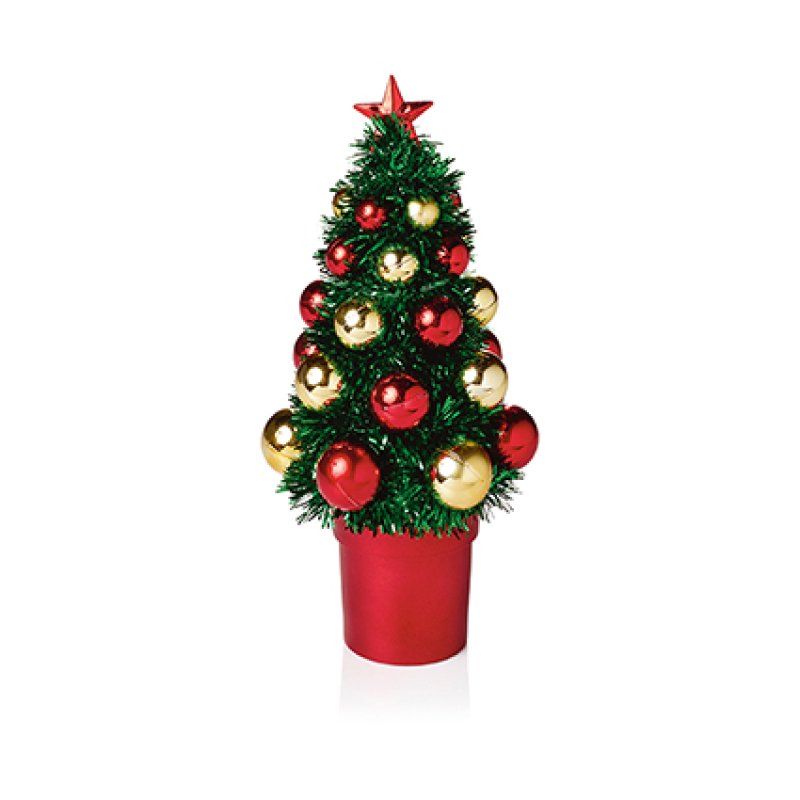 Green & Red Decorated Tinsel Mini Christmas Tree in Pot - 21cm