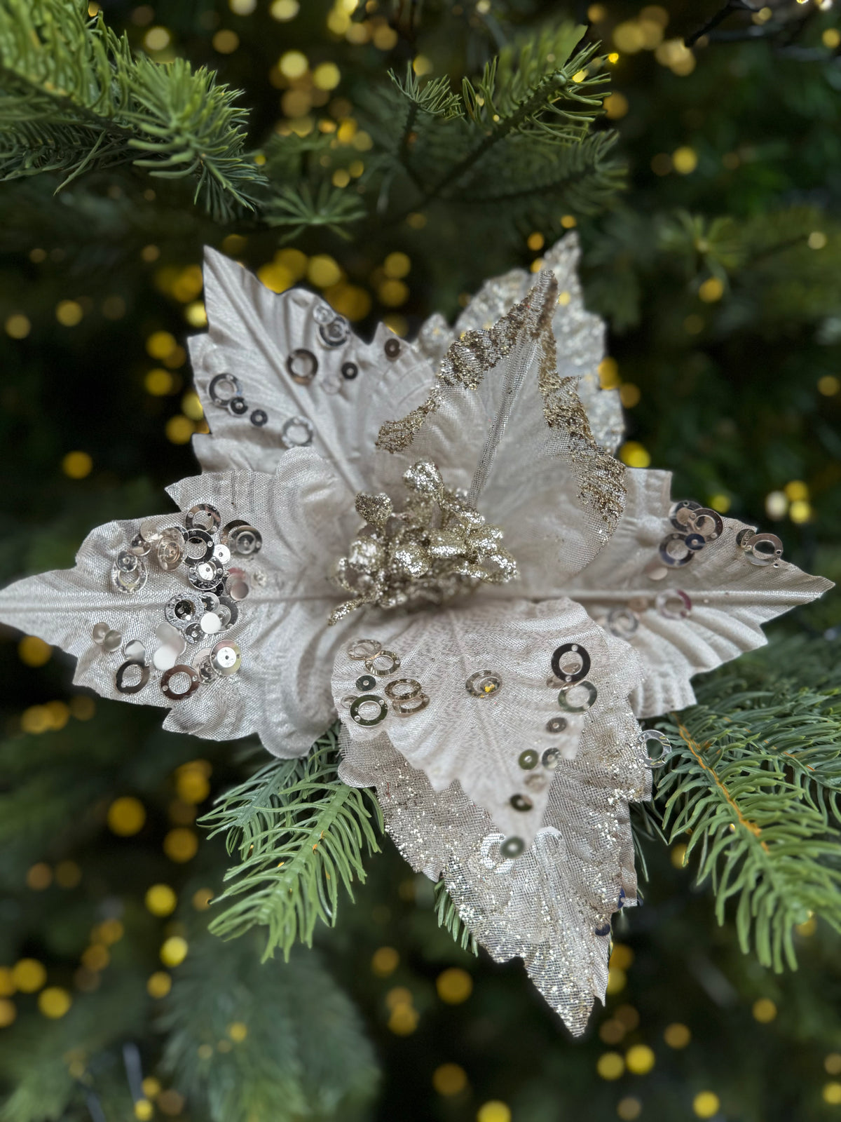 Gisela Graham - Cream Champagne Gold Fabric Poinsettia Pick - 26cm