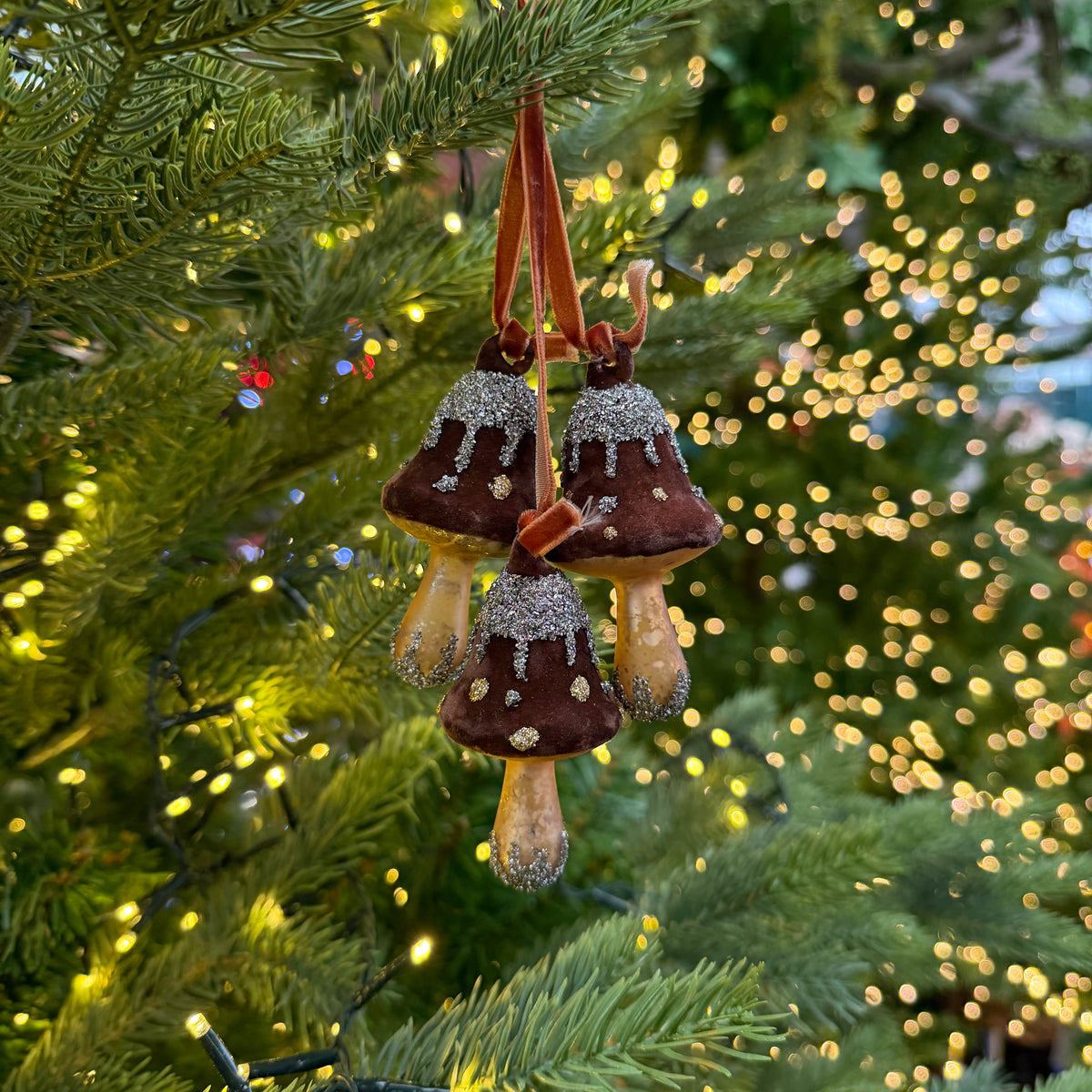 Glass Set of 3 Glitter Chestnut Mushrooms Hanging Bauble