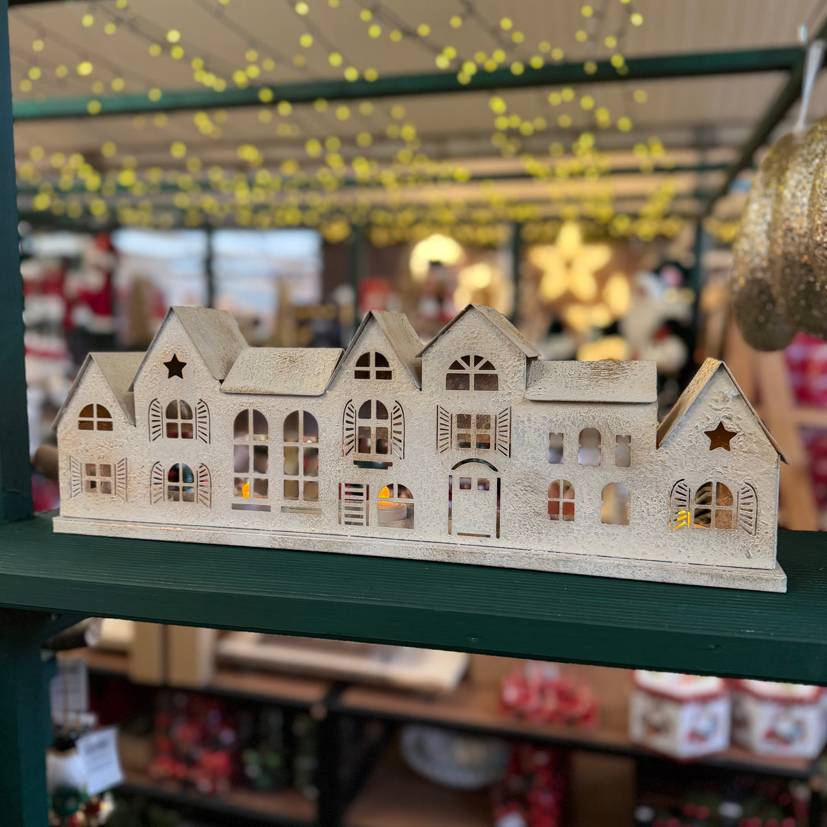 Large 5 Candle Whitewashed Metal Town House Row Candle Holder