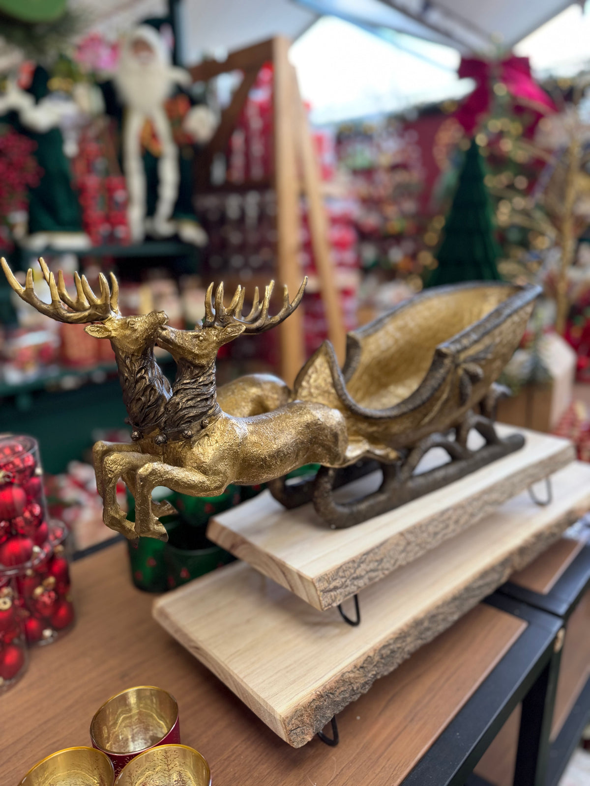 X-Large Rustic Golden Festive Deer & Sleigh Ornament