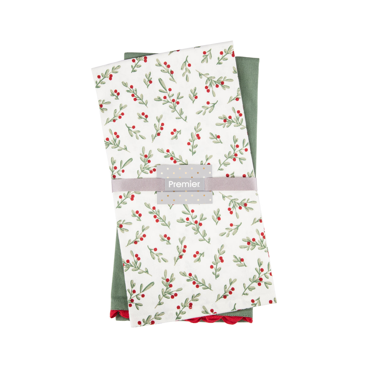 Christmas Set of 2 Holly & Red Berry Tea Towels 45 x 65cm