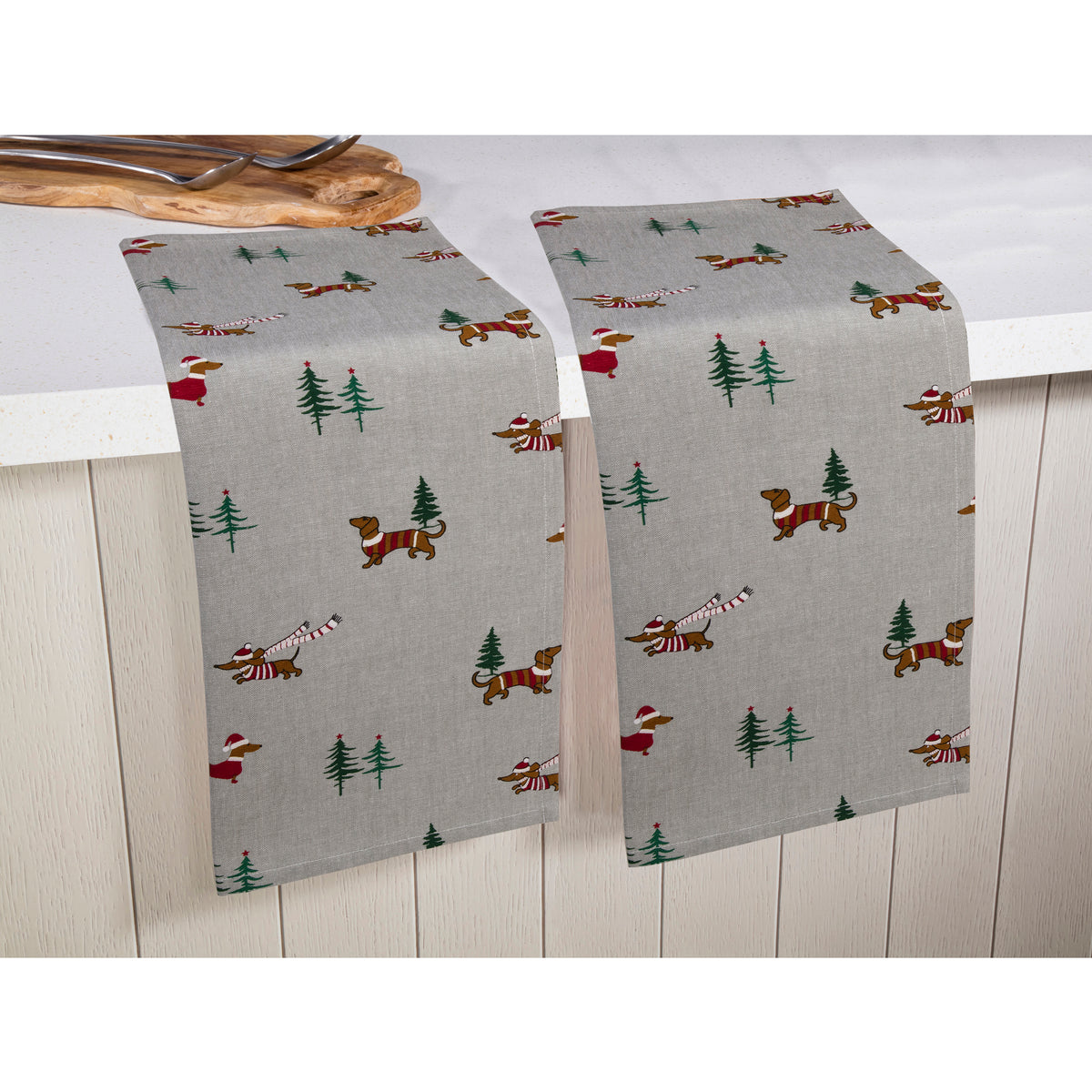 Set of 2 Christmas Sausage Dog Tea Towels - 45 x 65cm