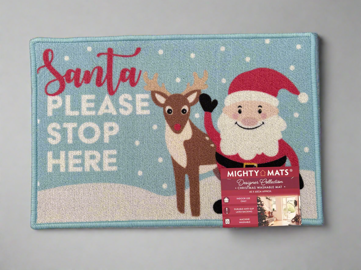 Christmas-themed rug with Santa and reindeer design on a gray background