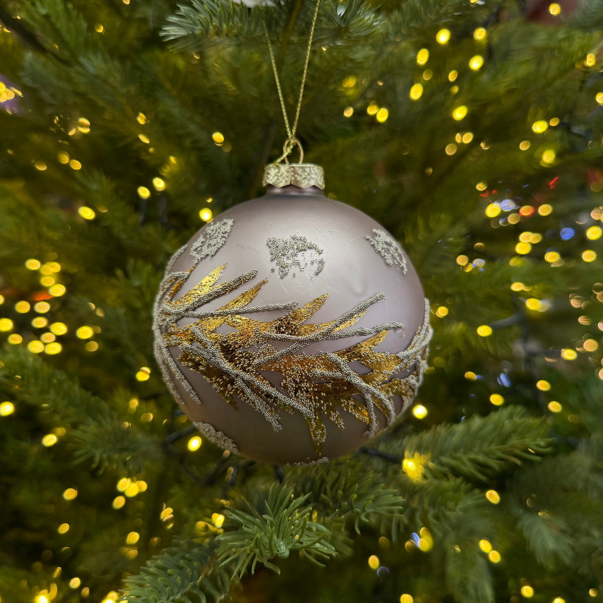 Silver Pink Glitter Branch Round  Bauble