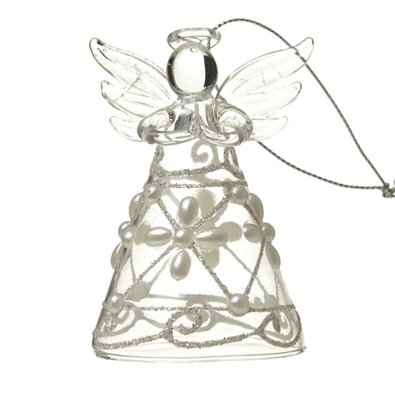 Glass Angel with Pearl and Glitter Design - 8cm