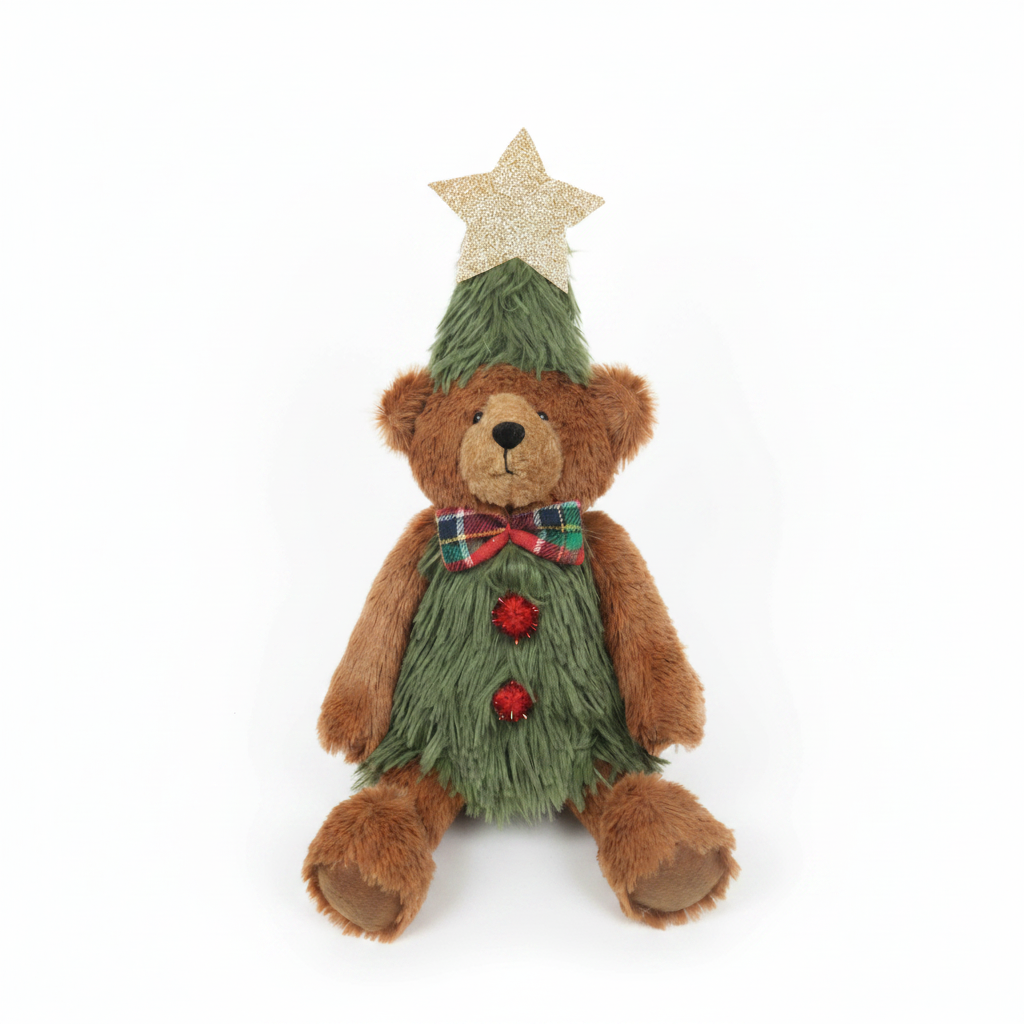 Teddy bear dressed as a Christmas tree with a star on a white background