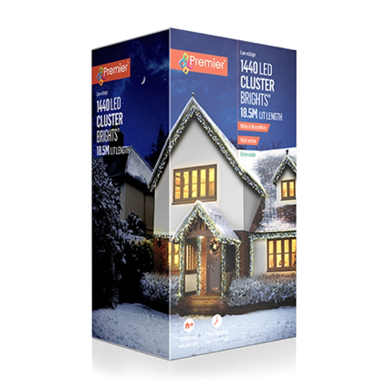 Premier Green Cable 1440 Cool & Warm White LED Multi Action Christmas Cluster Brights String Lights