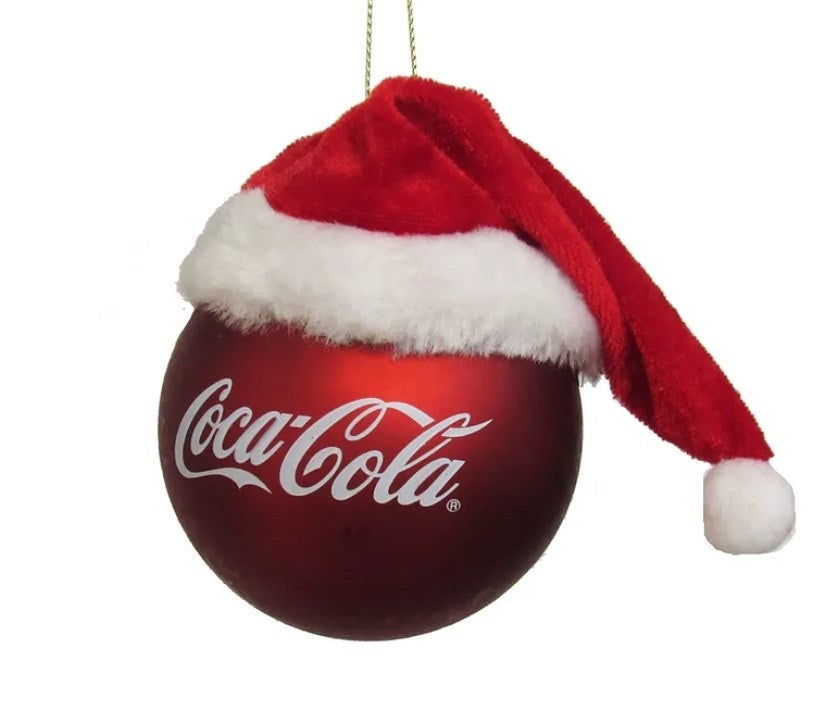 Glass Coca Cola Round Bauble with Santa Hat Christmas Bauble