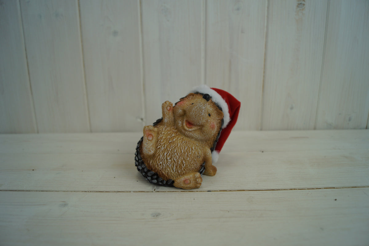 Adorable Laying Festive Hedgehog with Santa Hat Ornament - Small