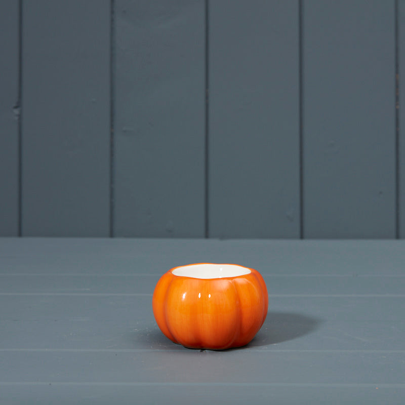Orange Ceramic Pumpkin Shaped Tealight Holder - 8cm