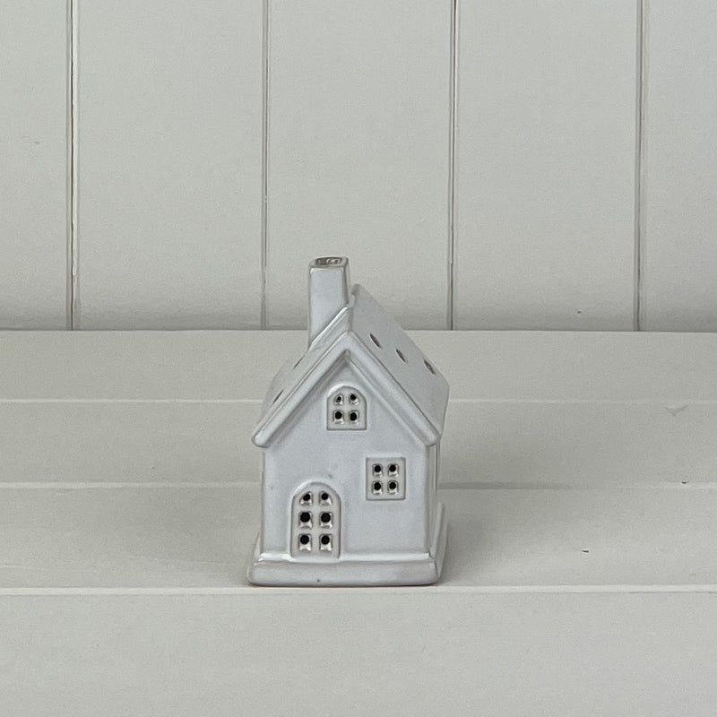 White Ceramic House Ornament with LED - 9.5cm