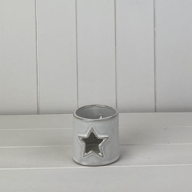 Glazed Ceramic Tea Light Holder with Star Cut Out with Textured Detail - 7.7cm