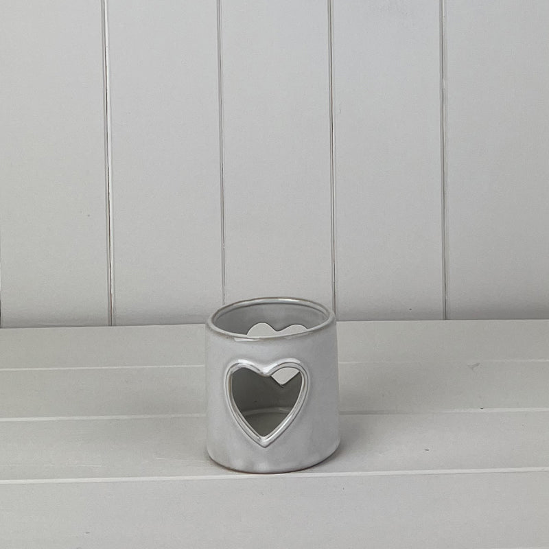 Glazed Ceramic Tea Light Holder with Heart Cut Out with Textured Detail - 7.7cm
