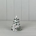 Green and White Ceramic Tree with Snowman and Reindeer Decoration with LED - 13cm