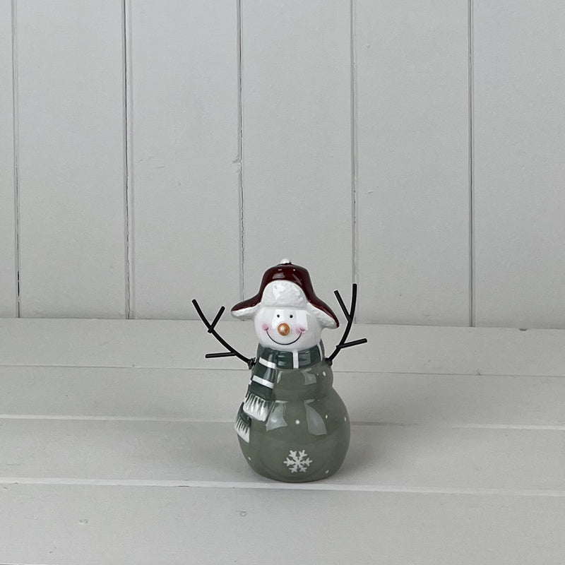 Light Green and White Ceramic Snowman Decoration - 12cm